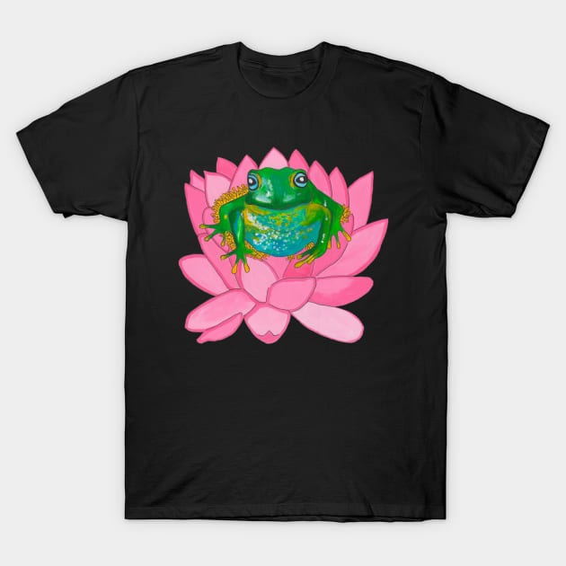 Green frog on pink flower T-Shirt by deadblackpony